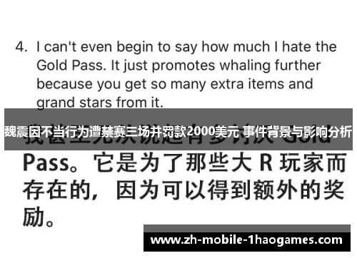 魏震因不当行为遭禁赛三场并罚款2000美元 事件背景与影响分析