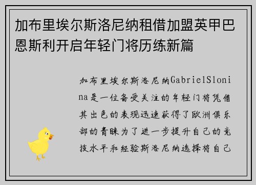 加布里埃尔斯洛尼纳租借加盟英甲巴恩斯利开启年轻门将历练新篇 加布里埃尔斯洛尼纳租借加盟英甲巴恩斯利开启年轻门将历练新篇