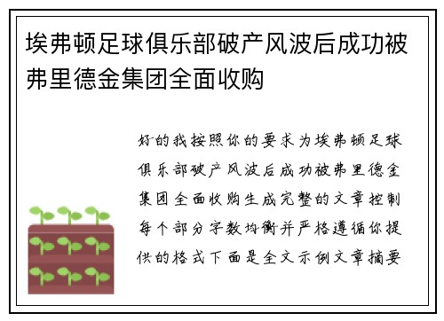 埃弗顿足球俱乐部破产风波后成功被弗里德金集团全面收购 埃弗顿足球俱乐部破产风波后成功被弗里德金集团全面收购