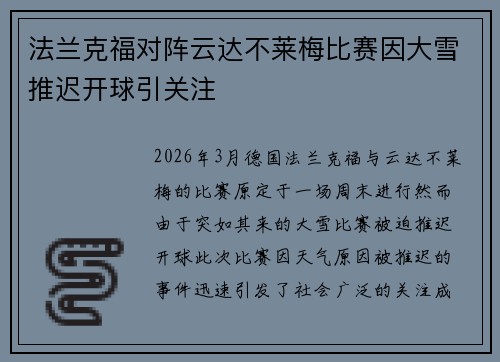 法兰克福对阵云达不莱梅比赛因大雪推迟开球引关注 法兰克福对阵云达不莱梅比赛因大雪推迟开球引关注